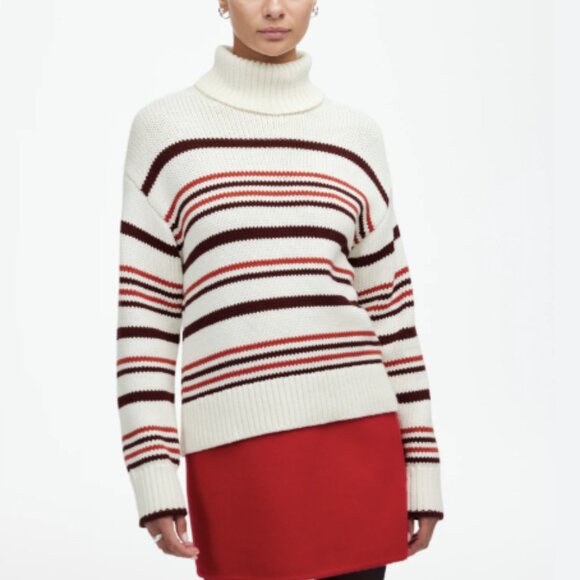 NWT Madewell Ribbed Cotton Turtleneck Sweater in Cabernet Stripe Red Size Small - Picture 1 of 6